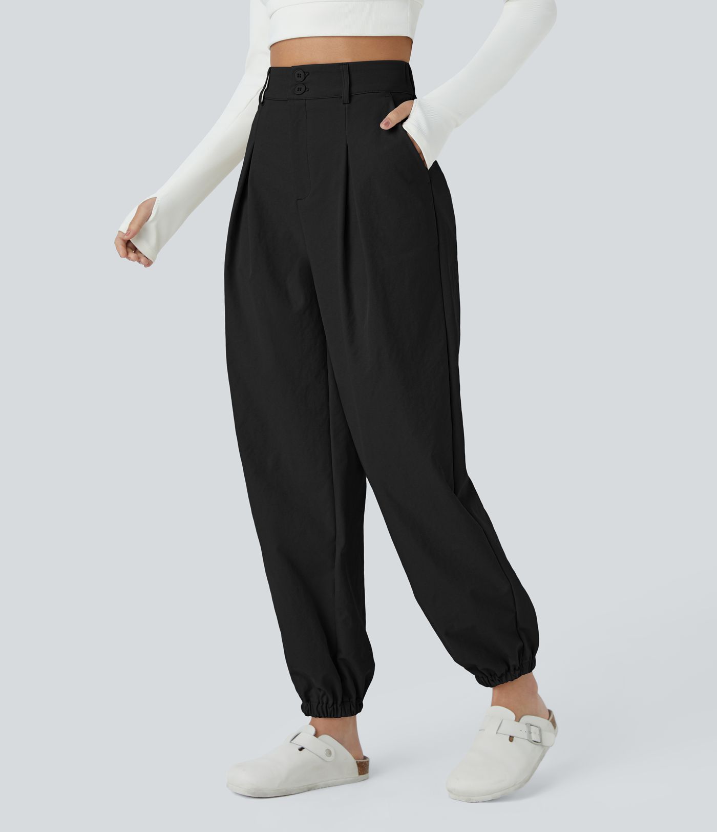 Jogging décontracté en polaire taille haute avec boutons, fermeture éclair, plis et poches latérales