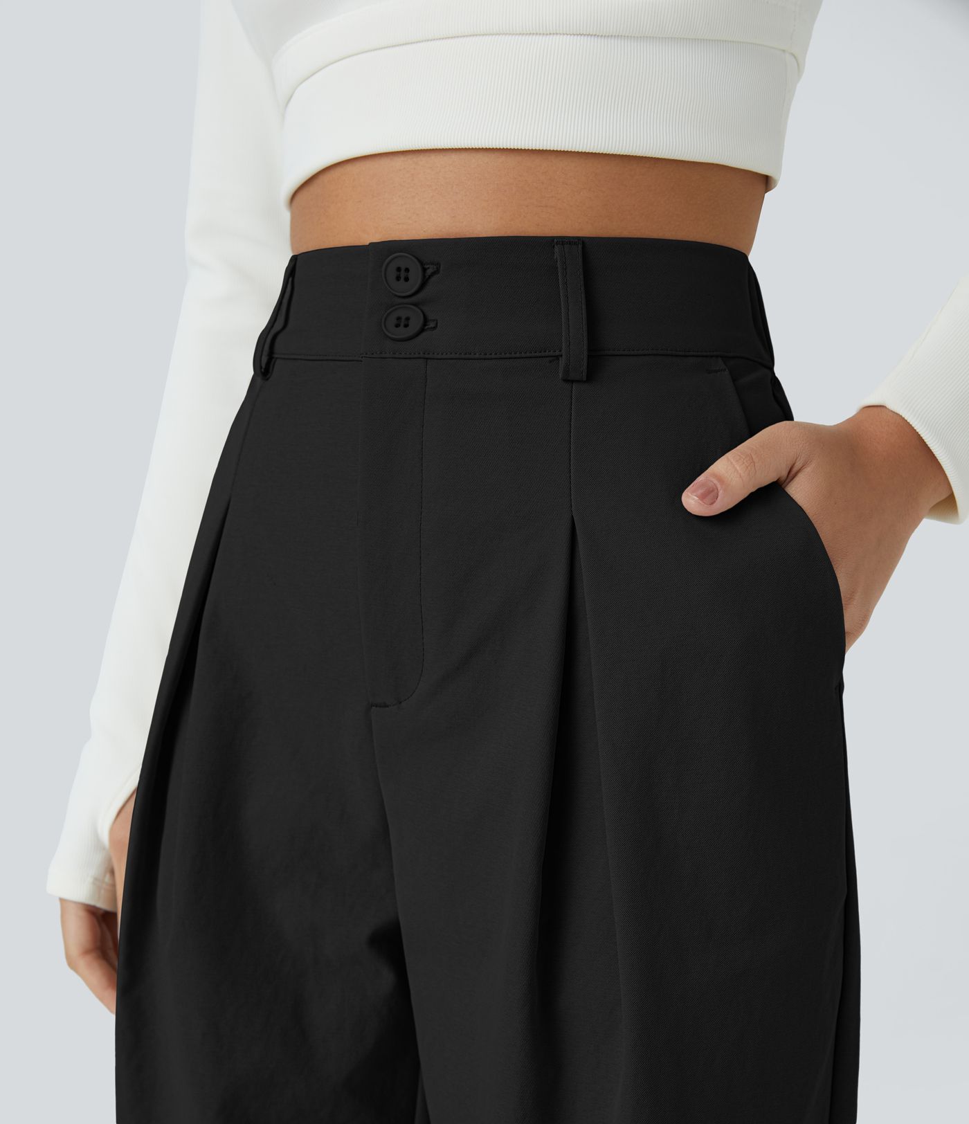 Jogging décontracté en polaire taille haute avec boutons, fermeture éclair, plis et poches latérales