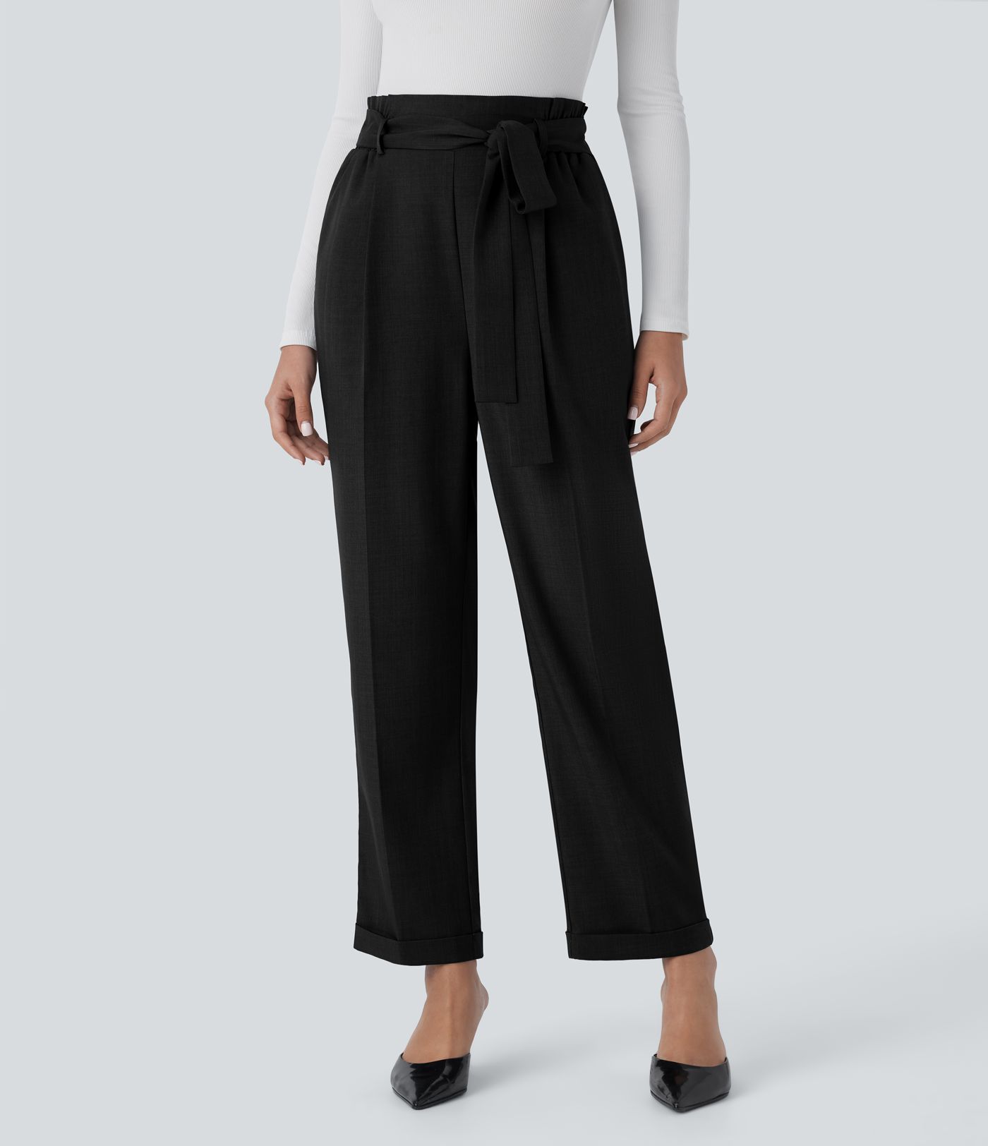 High Waisted Belted Pocket Straight Leg Work Pants