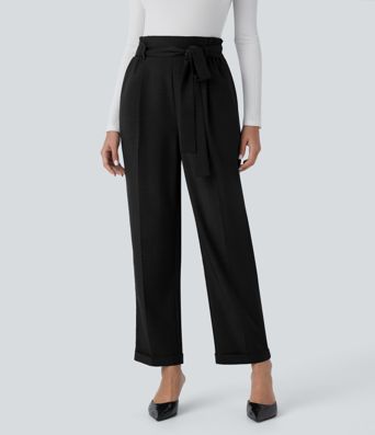 High Waisted Belted Pocket Straight Leg Work Pants