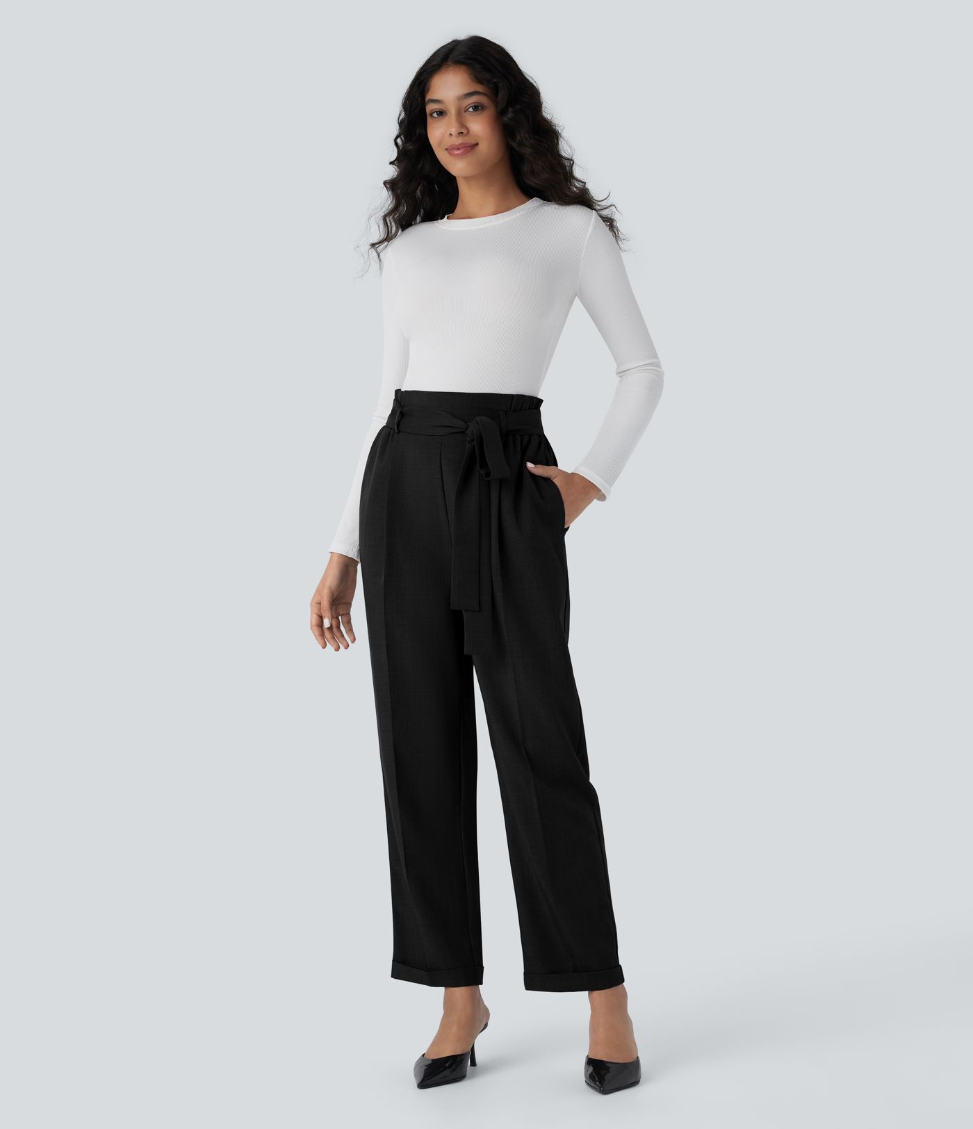High Waisted Belted Pocket Straight Leg Work Pants