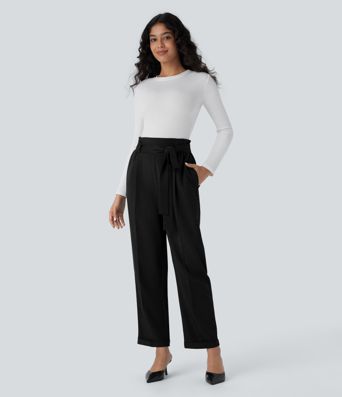 High Waisted Belted Pocket Straight Leg Work Pants