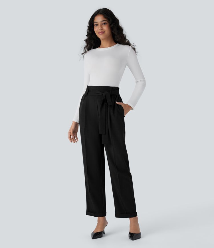 High Waisted Belted Pocket Straight Leg Work Pants