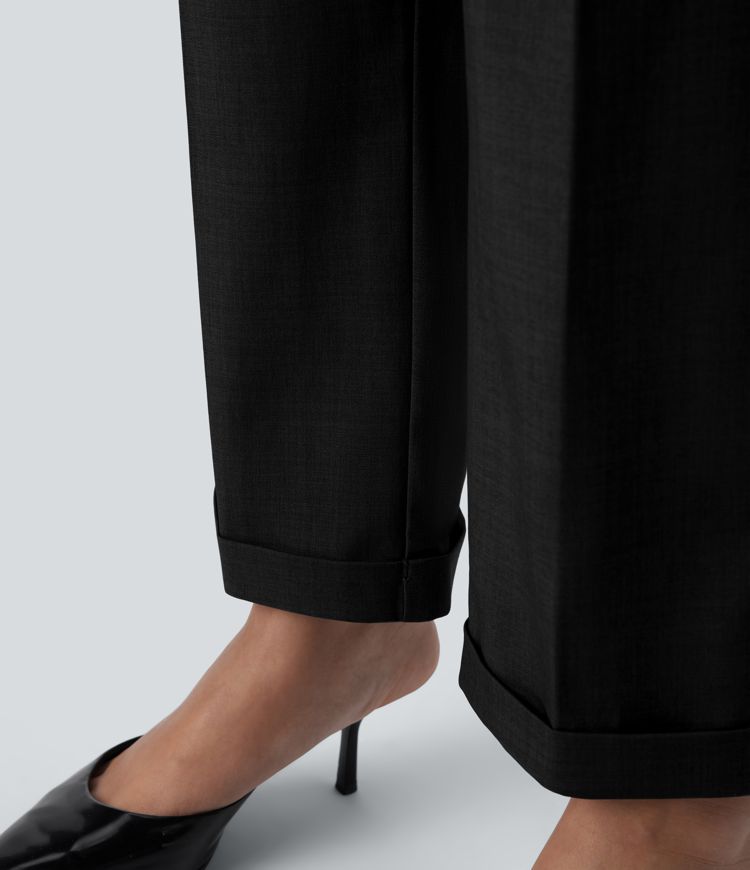 High Waisted Belted Pocket Straight Leg Work Pants