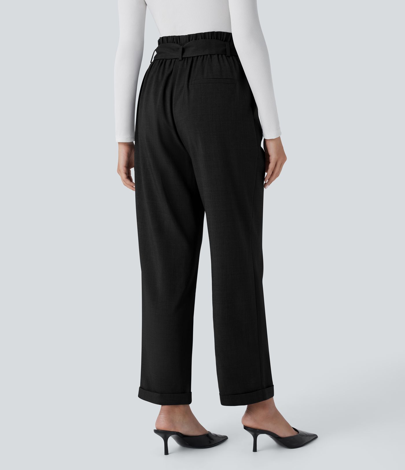 High Waisted Belted Pocket Straight Leg Work Pants
