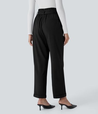 High Waisted Belted Pocket Straight Leg Work Pants