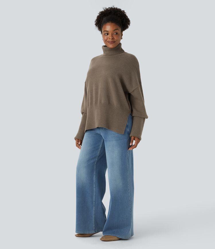 Suéter cuello alto hombro caído manga larga abertura