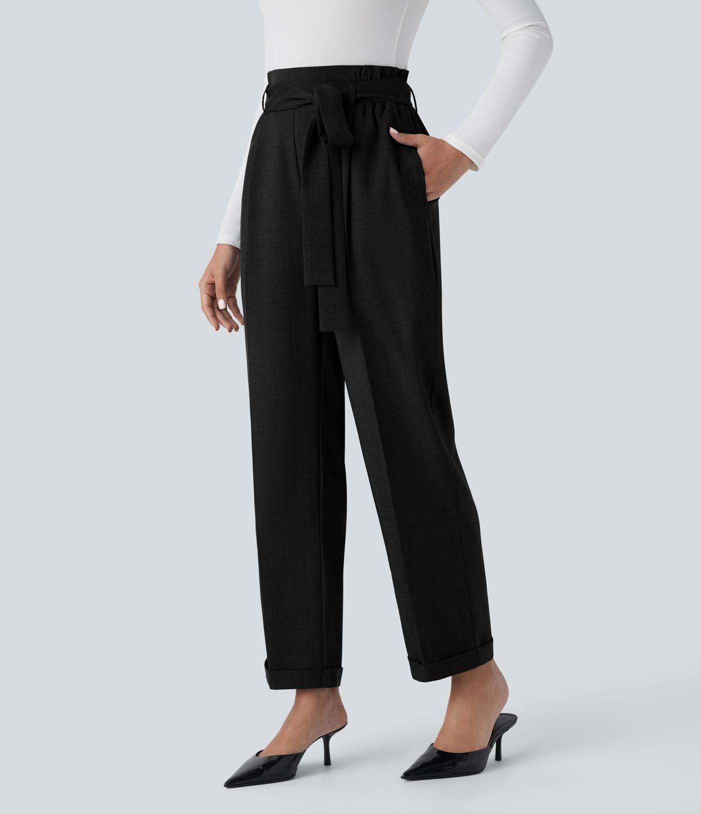 High Waisted Belted Pocket Straight Leg Work Pants