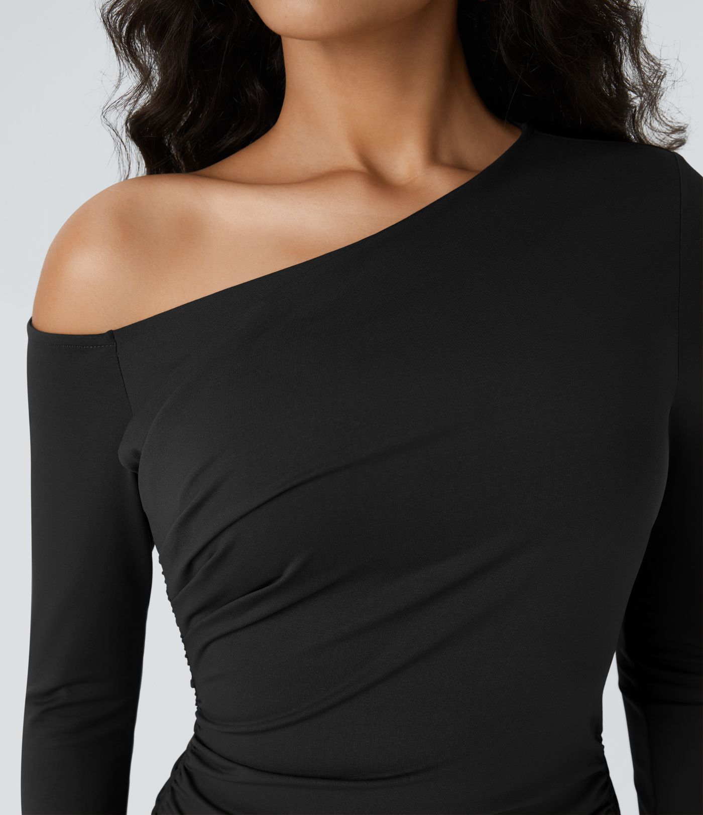 Off Shoulder Long Sleeve Ruched Bodycon Mini Dress