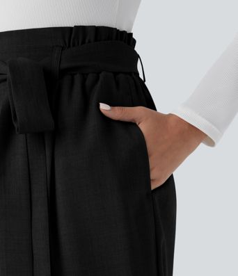 High Waisted Belted Pocket Straight Leg Work Pants