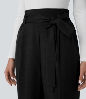 High Waisted Belted Pocket Straight Leg Work Pants