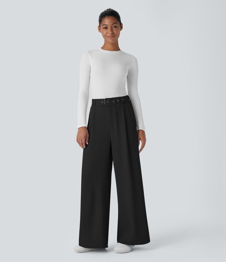 High-waist belted zipper wide-leg work pants with side pockets