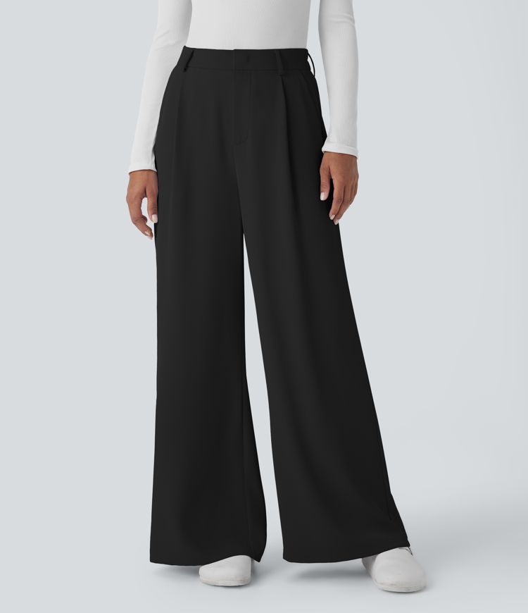 High-waist belted zipper wide-leg work pants with side pockets
