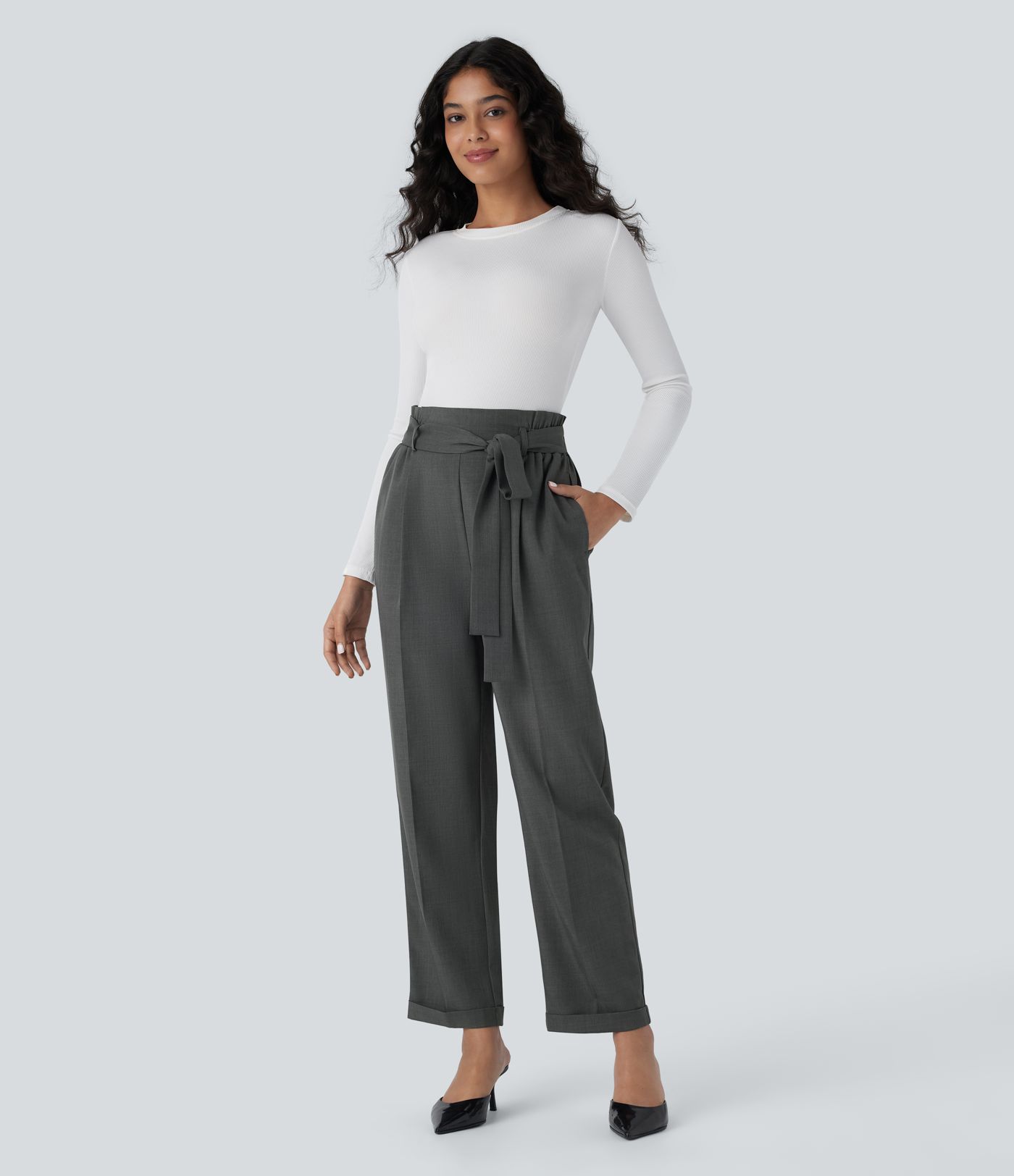 High Waisted Belted Pocket Straight Leg Work Trousers