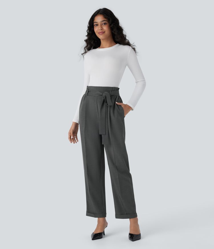 High Waisted Belted Pocket Straight Leg Work Trousers