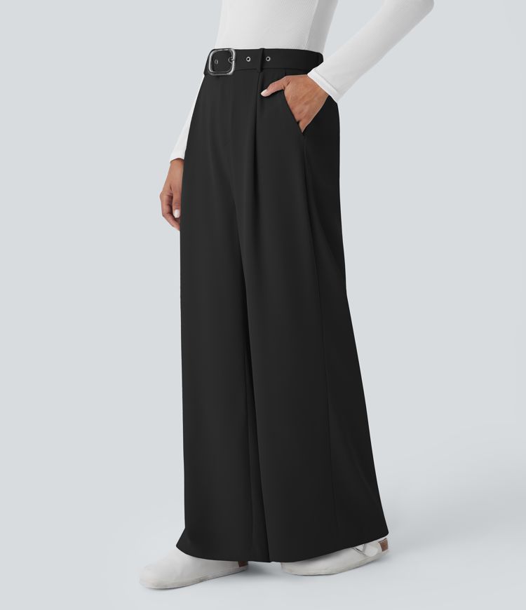High-waist belted zipper wide-leg work pants with side pockets