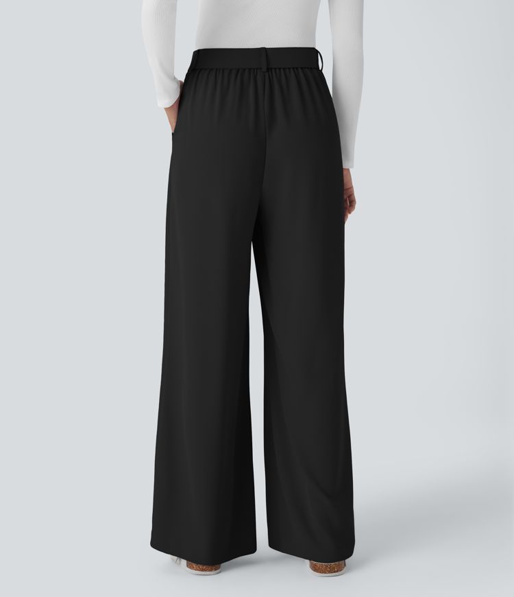 High-waist belted zipper wide-leg work pants with side pockets