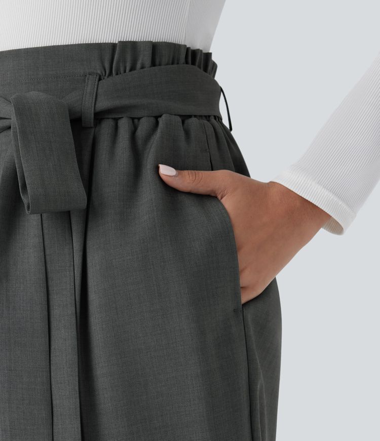 High Waisted Belted Pocket Straight Leg Work Trousers