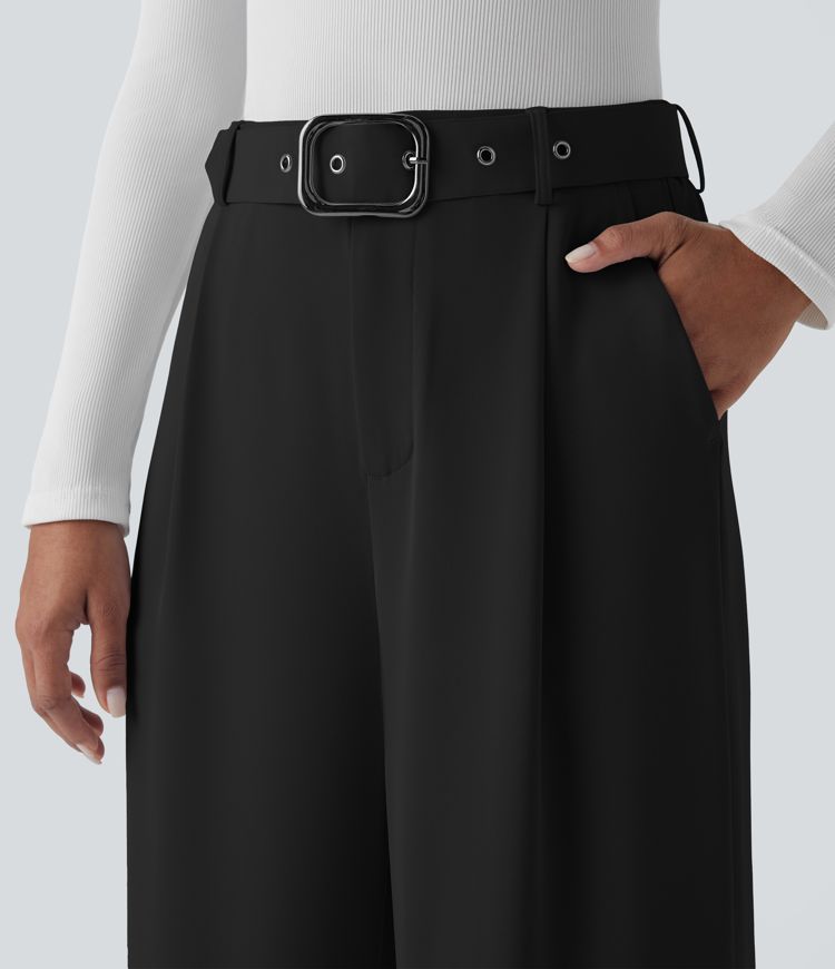 High-waist belted zipper wide-leg work pants with side pockets