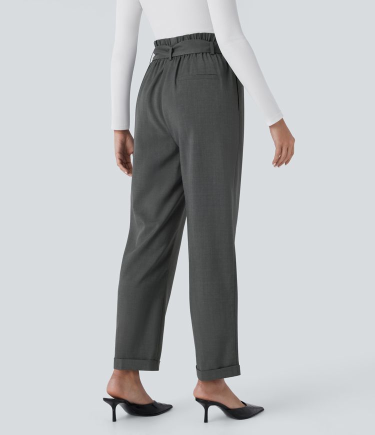 High Waisted Belted Pocket Straight Leg Work Trousers