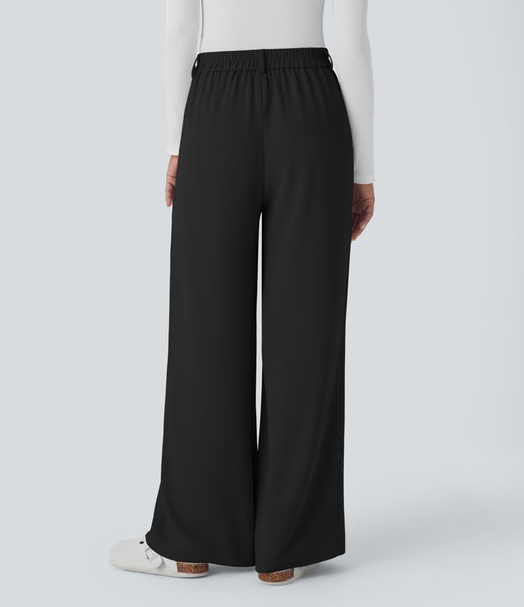 High-waist belted zipper wide-leg work pants with side pockets