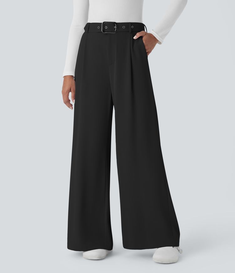High-waist belted zipper wide-leg work pants with side pockets