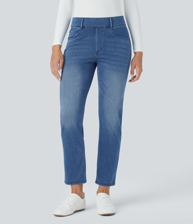 Halara Flex™ Mid Rise Multiple Pockets Straight Leg Washed Stretchy Knit Work Jeans