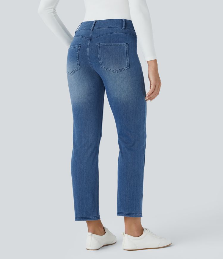 Blue Gray Denim Halara Flex™ mid-rise rekbare gebreide jeans met meerdere zakken, rechte pijpen en gewassen look / 1