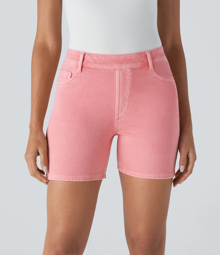 Halara Flex™ High Waisted Pockets Colorful Washed Denim Casual Shorts 5''