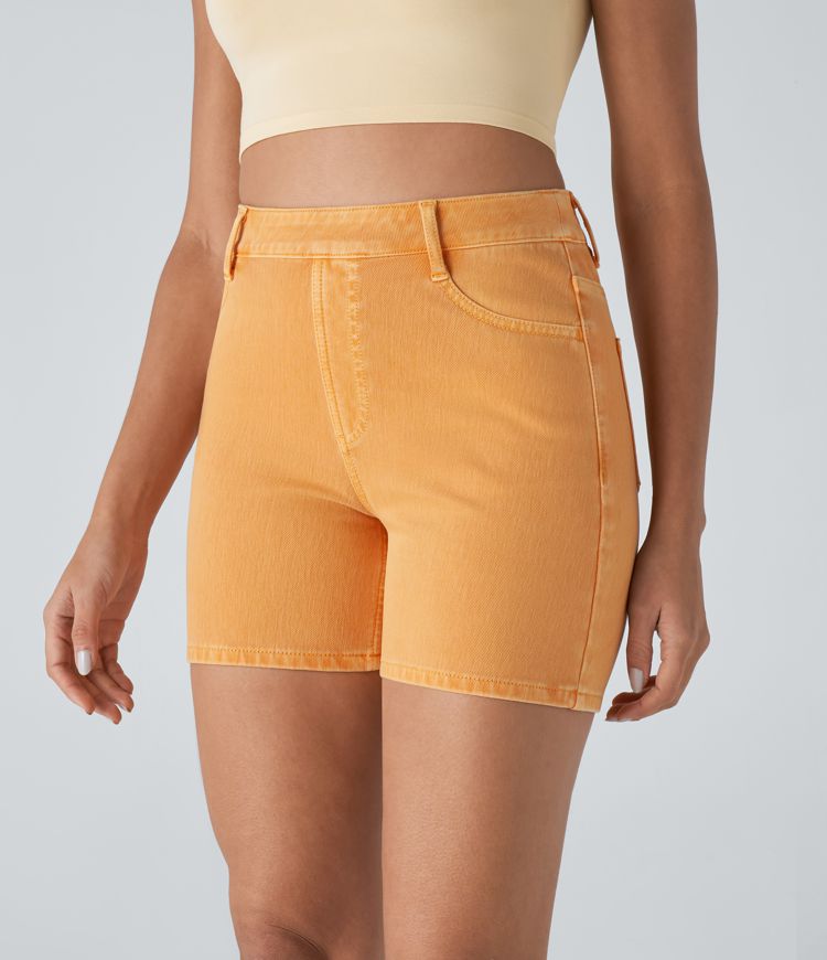 Halara Flex™ High Waisted Multiple Pockets Colourful Washed Stretchy Knit Denim Casual Shorts 5''