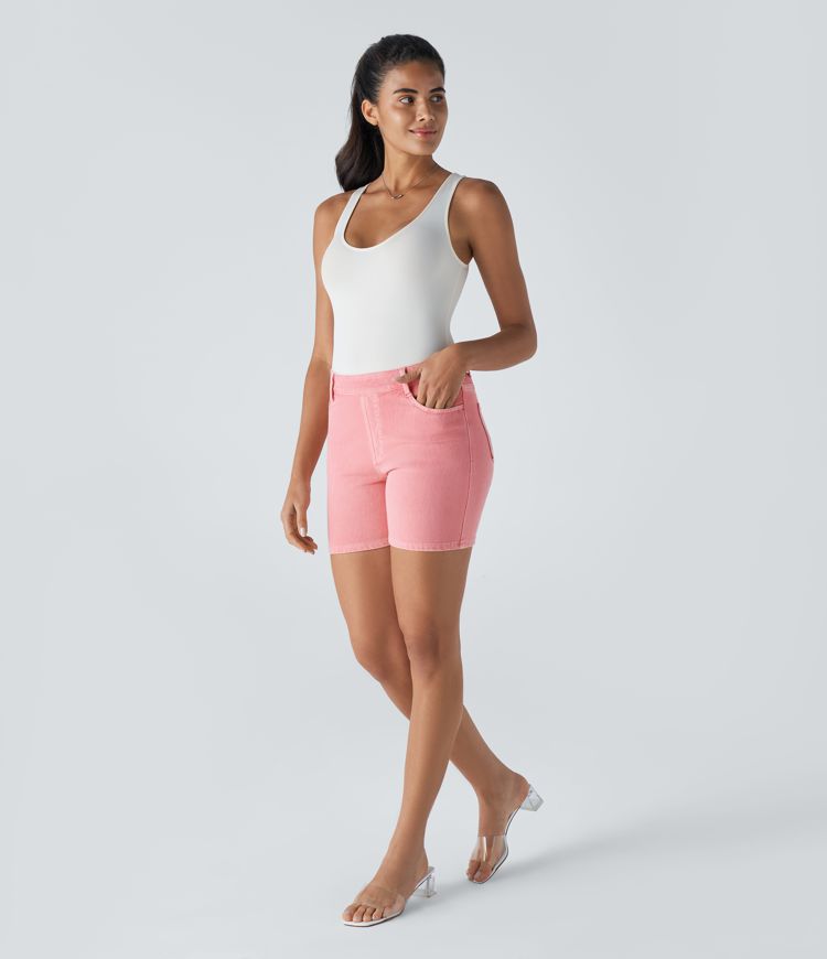 Halara Flex™ Short 12,5cm Casual en Denim Tricot Extensible Lavé à Taille Haute avec Multiples Poches Colorées