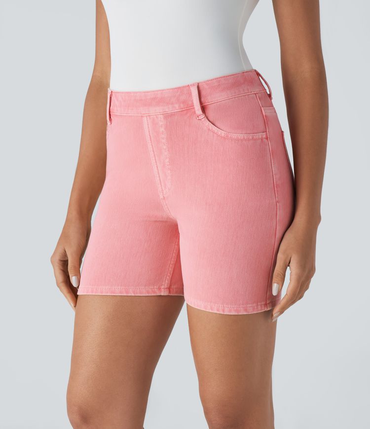 Halara Flex™ Short 12,5cm Casual en Denim Tricot Extensible Lavé à Taille Haute avec Multiples Poches Colorées