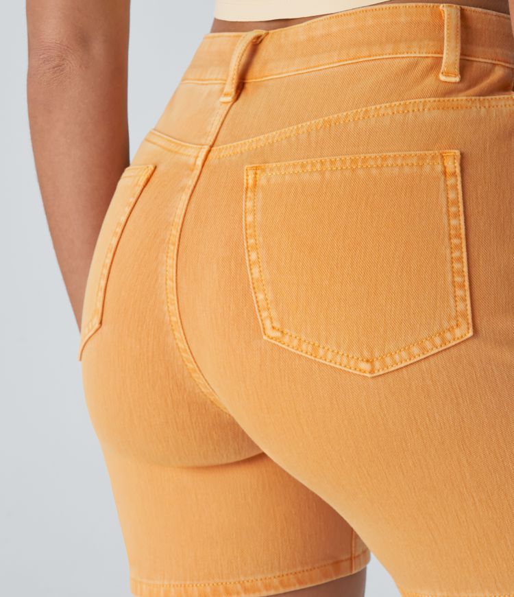 Halara Flex™ High Waisted Multiple Pockets Colourful Washed Stretchy Knit Denim Casual Shorts 5''