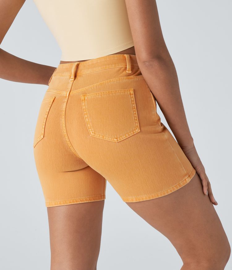 Halara Flex™ High Waisted Multiple Pockets Colourful Washed Stretchy Knit Denim Casual Shorts 5''