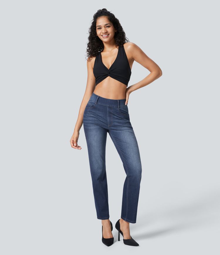 Halara Flex™ Jeans aus elastischem Strick-Denim mit hohem Bund, mehreren Taschen und geradem Bein