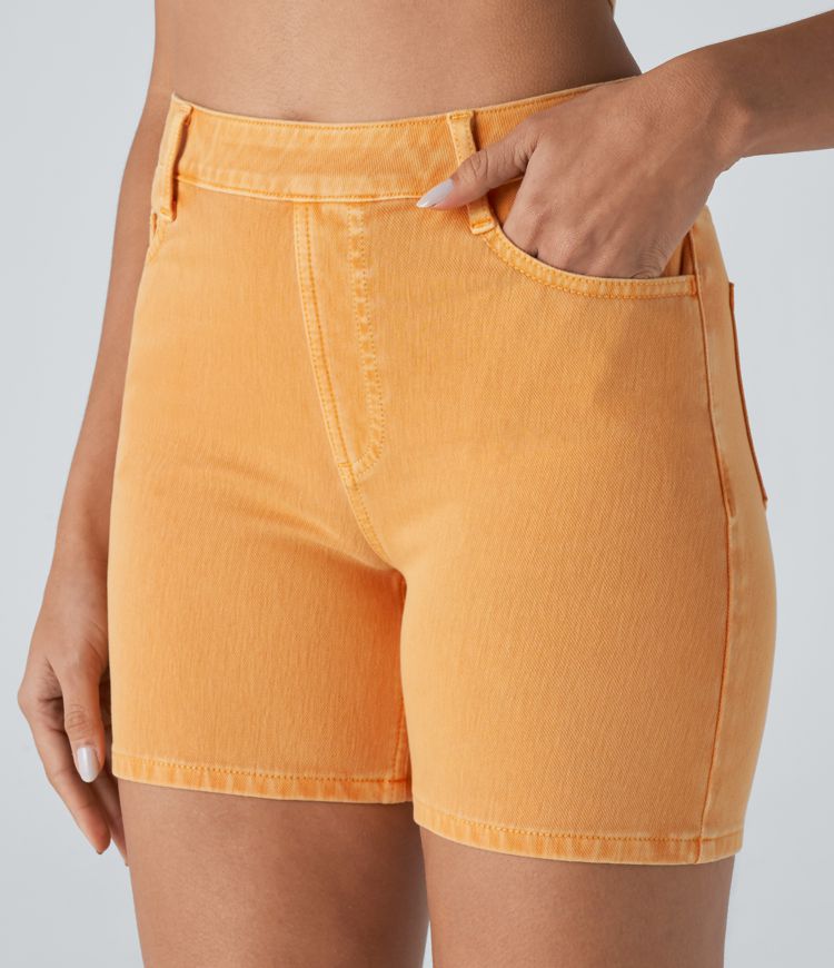 Halara Flex™ High Waisted Multiple Pockets Colourful Washed Stretchy Knit Denim Casual Shorts 5''