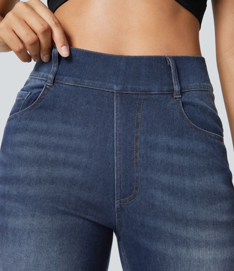 Halara Flex™ Jeans aus elastischem Strick-Denim mit hohem Bund, mehreren Taschen und geradem Bein