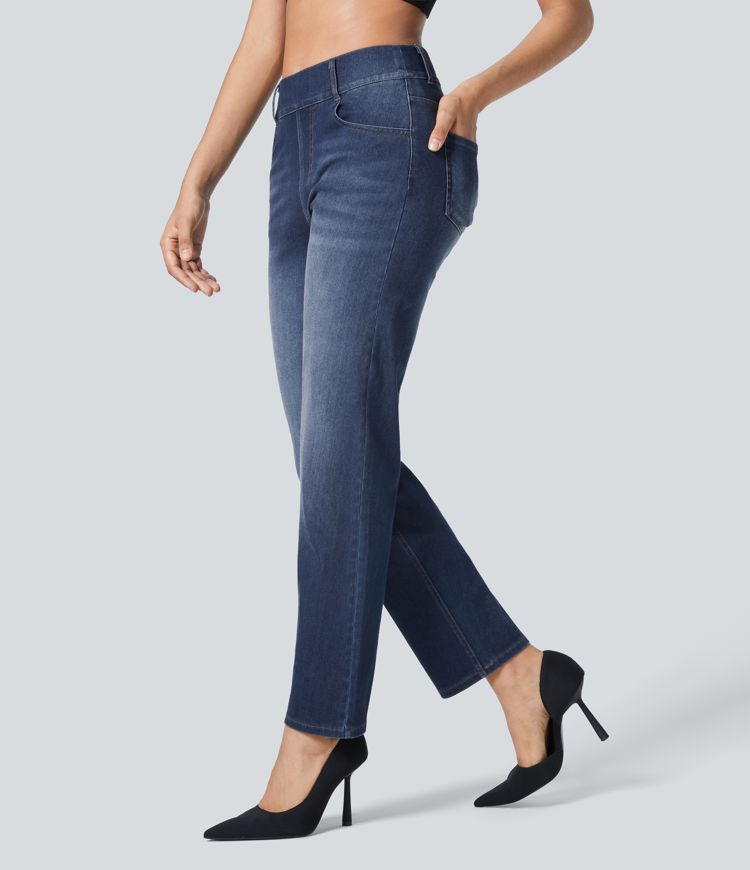 Halara Flex™ Jeans aus elastischem Strick-Denim mit hohem Bund, mehreren Taschen und geradem Bein