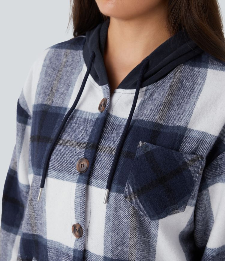 Casual karierte Fleecejacke mit Kapuze, Kordelzug, Knöpfen und Taschen