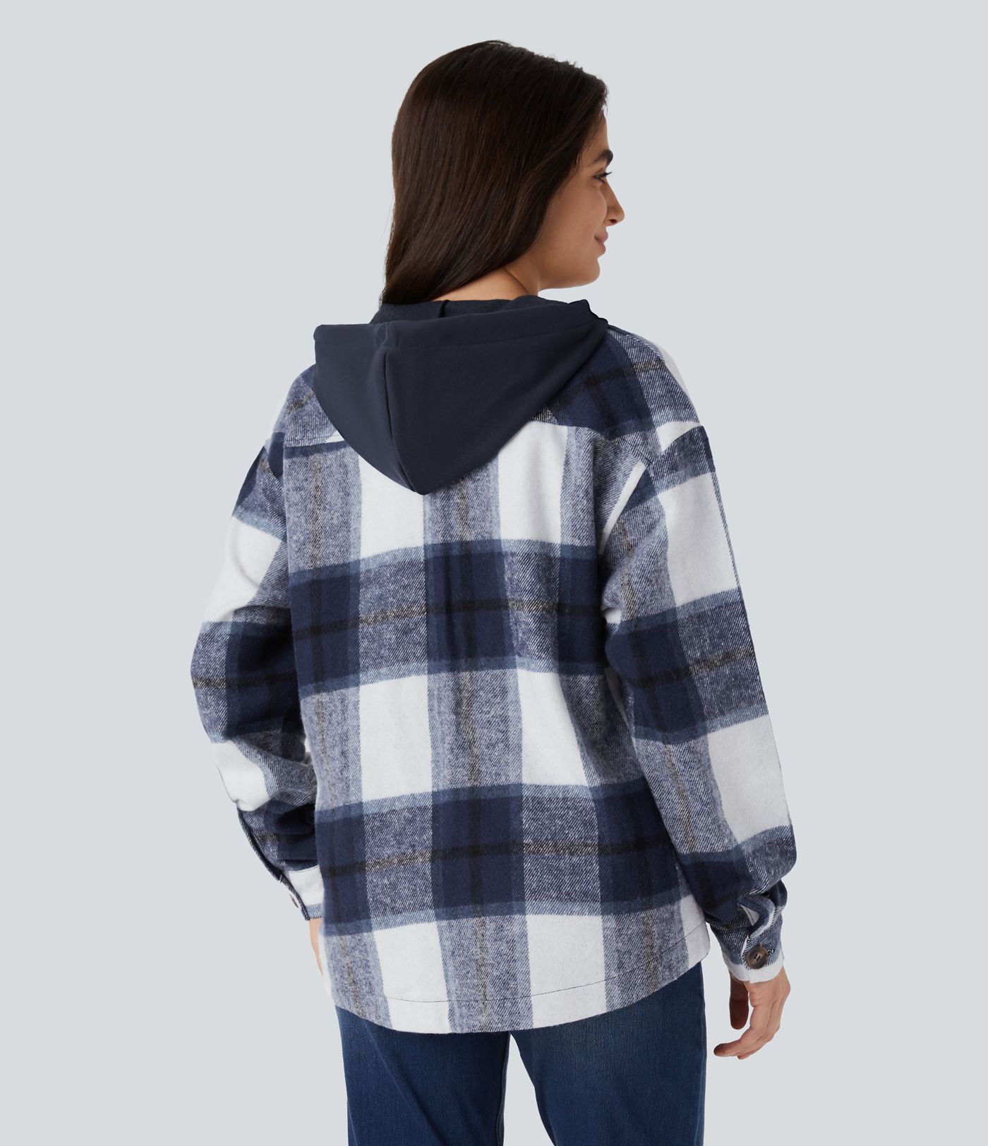 Casual karierte Fleecejacke mit Kapuze, Kordelzug, Knöpfen und Taschen