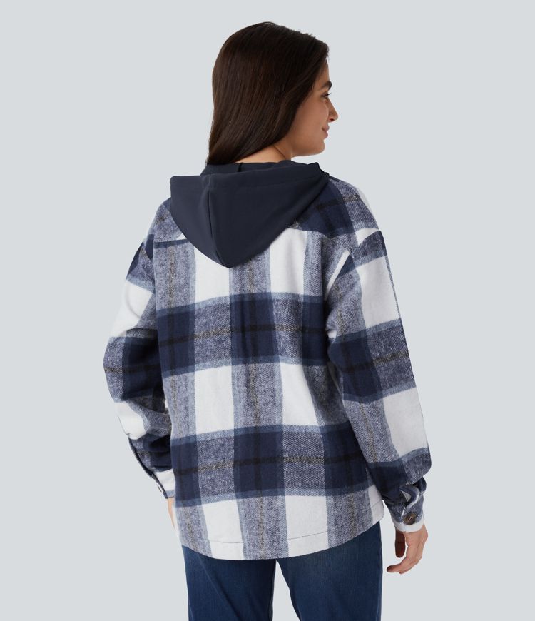 Casual karierte Fleecejacke mit Kapuze, Kordelzug, Knöpfen und Taschen