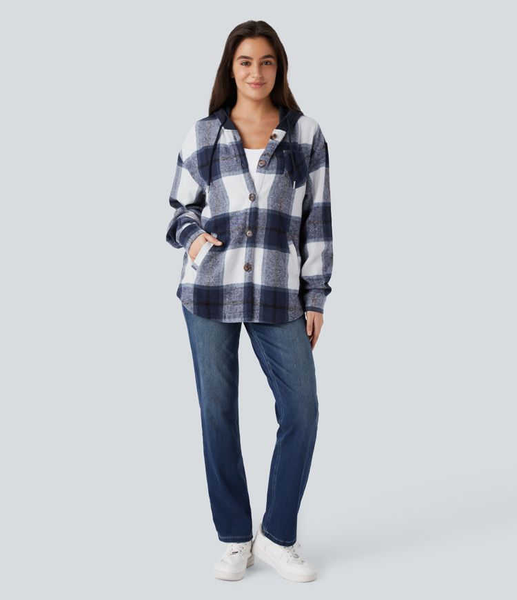 Casual karierte Fleecejacke mit Kapuze, Kordelzug, Knöpfen und Taschen