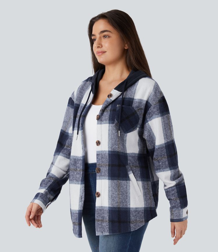 Casual karierte Fleecejacke mit Kapuze, Kordelzug, Knöpfen und Taschen