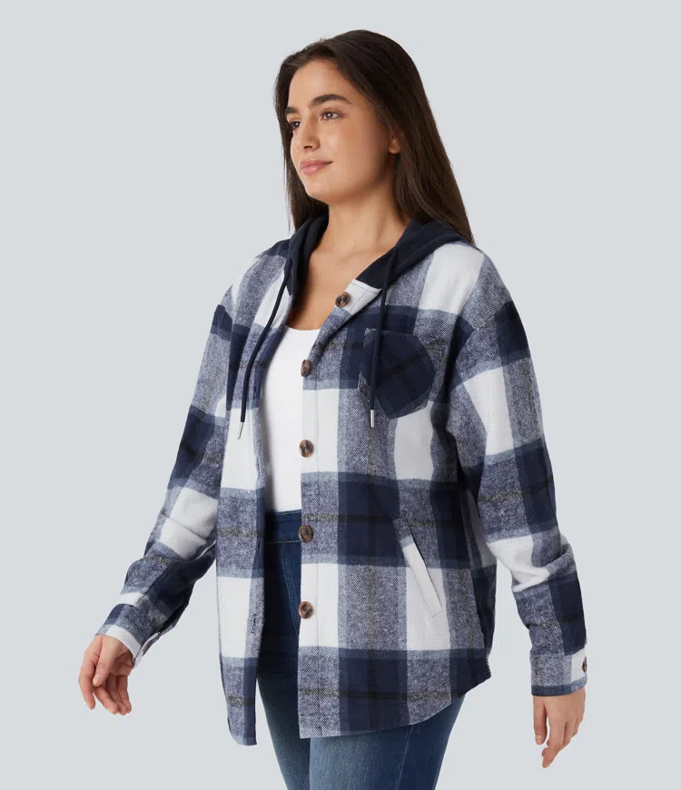 Casual karierte Fleecejacke mit Kapuze, Kordelzug, Knöpfen und Taschen