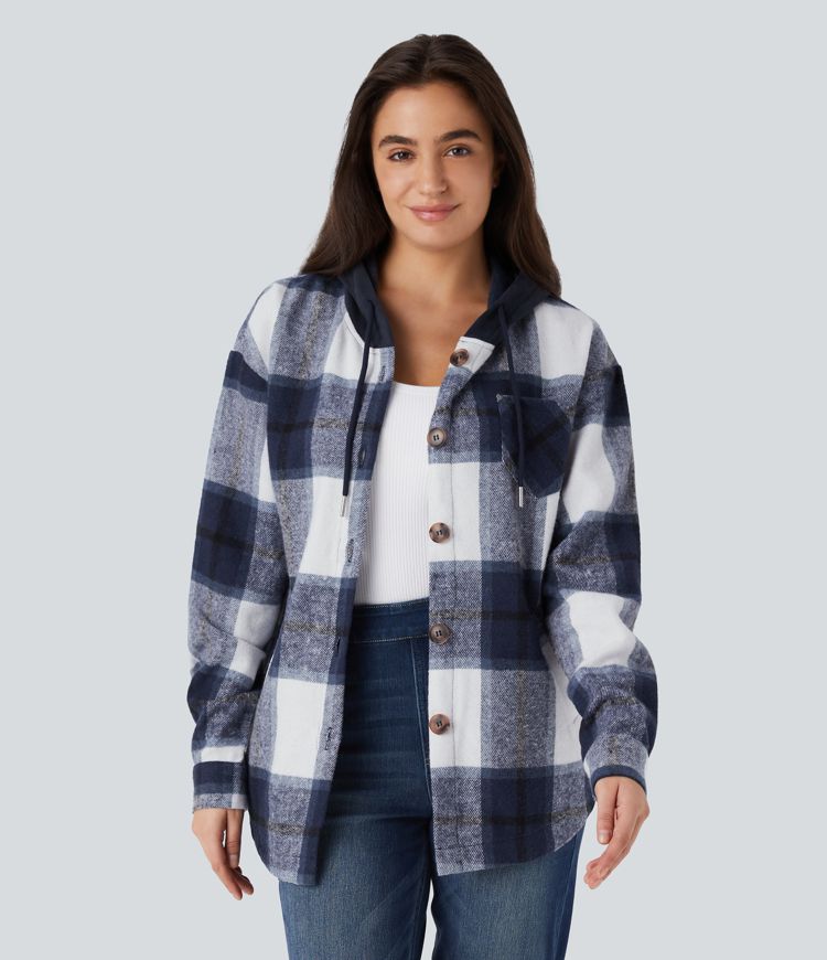 Casual karierte Fleecejacke mit Kapuze, Kordelzug, Knöpfen und Taschen