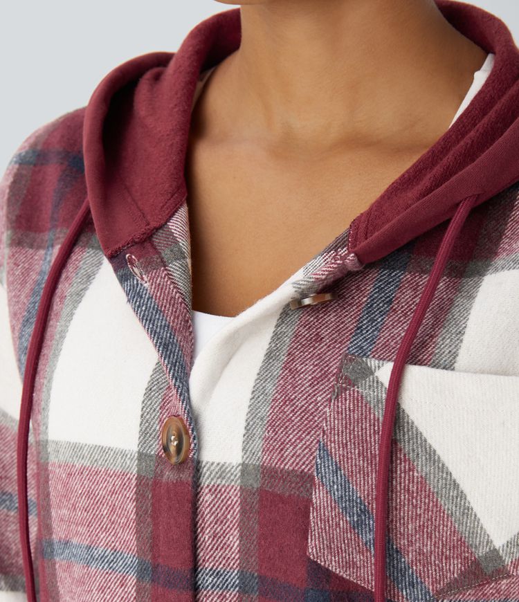 Hooded Drawstring Pocket Plaid Thermal Casual Jacket
