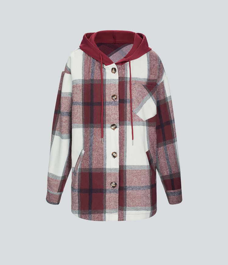 Hooded Drawstring Pocket Plaid Thermal Casual Jacket