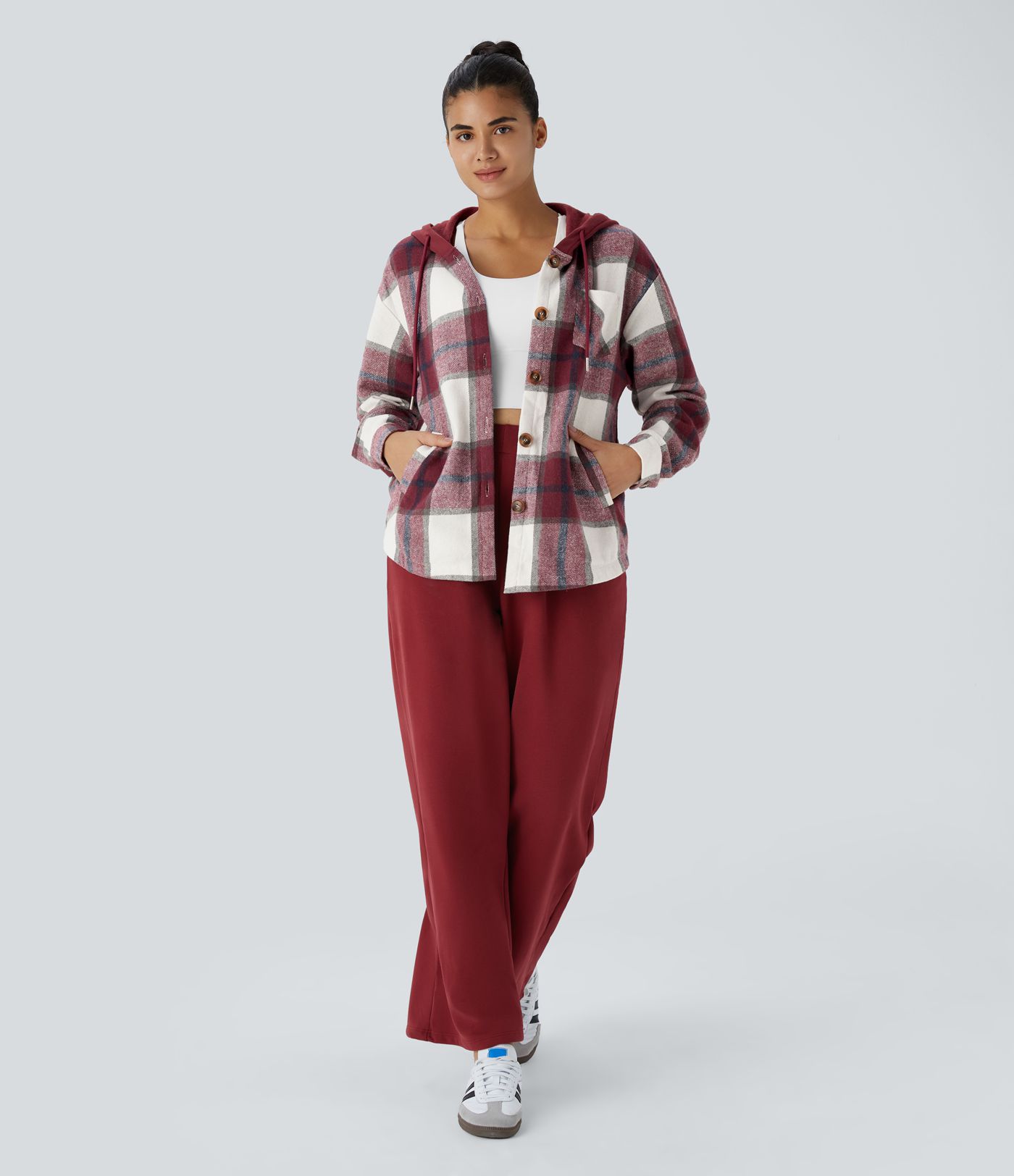 Hooded Drawstring Pocket Plaid Thermal Casual Jacket