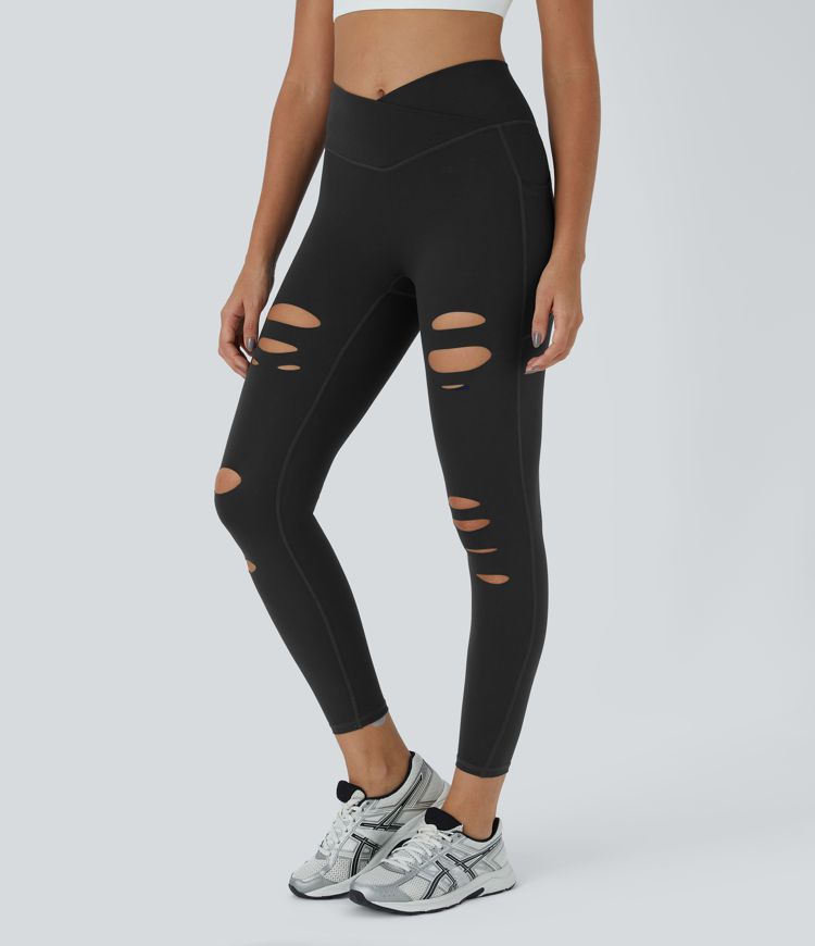 High Waisted Crossover Side Pocket Ripped Cut Out Casual 7/8 Leggings