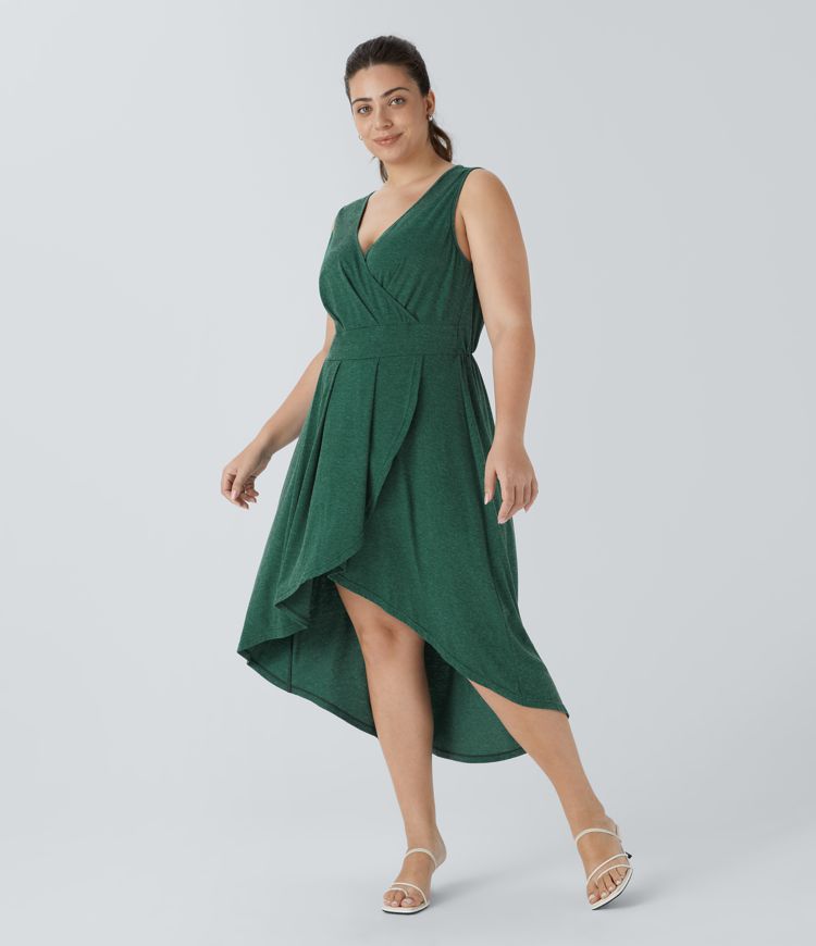 Vestido media pierna cuello V profundo sin mangas plisado alto bajo cruzado fluido talla grande